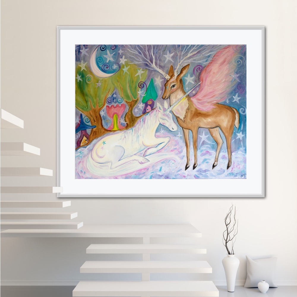 Land Whimsy Art Print unicorn fantasy fairytale castle enchanted trees moon star - Picture 4 of 7